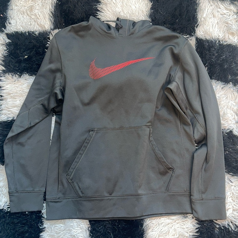 Nike Men's Dark Gray Hoodie with Red Swoosh